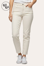 Front View of Cream stretch mom fit jeans for women